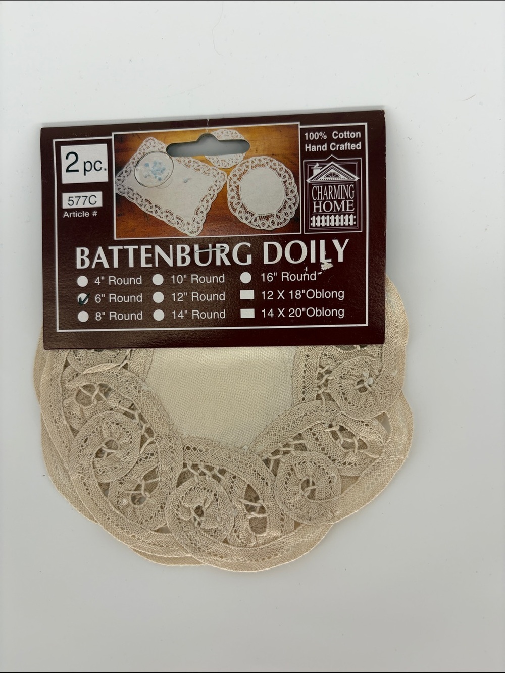 Charming Home Battenburg Doily - Taupe colored Lace 6” round 2pc.